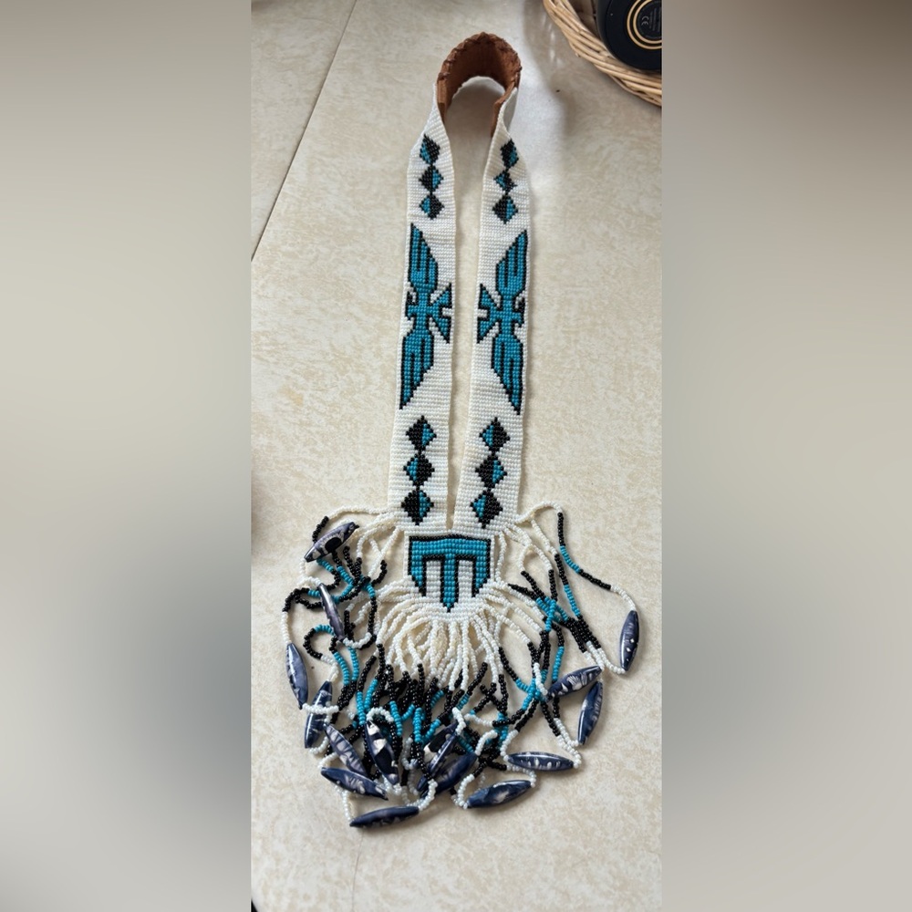 WESTERN APACHE INDIAN LOOM BEADED NECKLACE - HIDE BACKING - 18” long